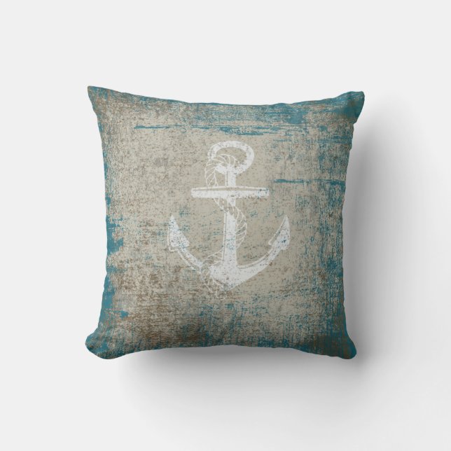 Nautical Anchor Distressed Grunge Throw Pillow (Front)