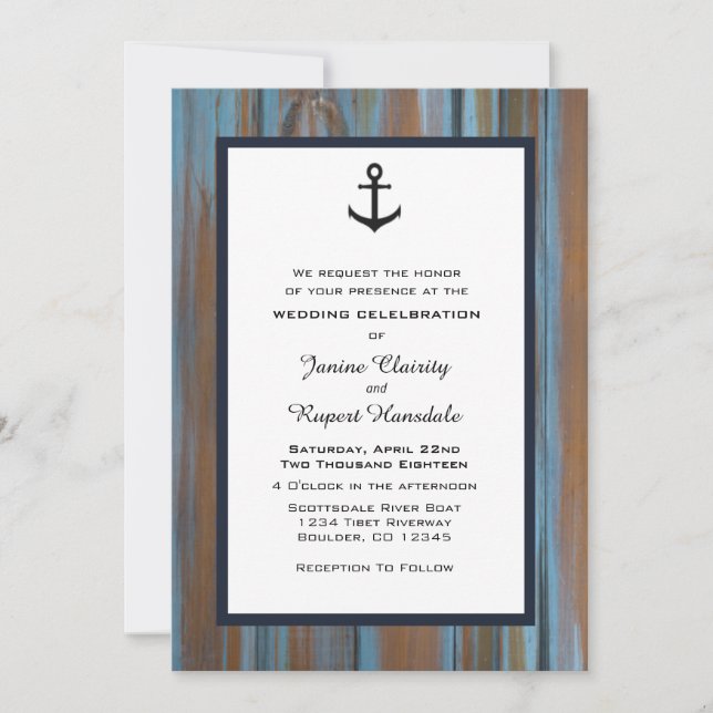 Nautical Anchor Distressed Wood Wedding Invitation (Front)