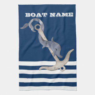 Nautical,Anchor Dolphin Navy Blue Striped Kitchen Towel