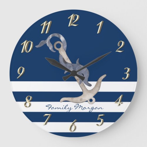 NauticalAnchor Dolphin  Navy Blue Striped  Large Clock