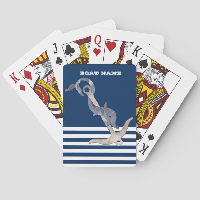 Nautical,Anchor Dolphin Navy Blue Striped  Poker Cards (Back)