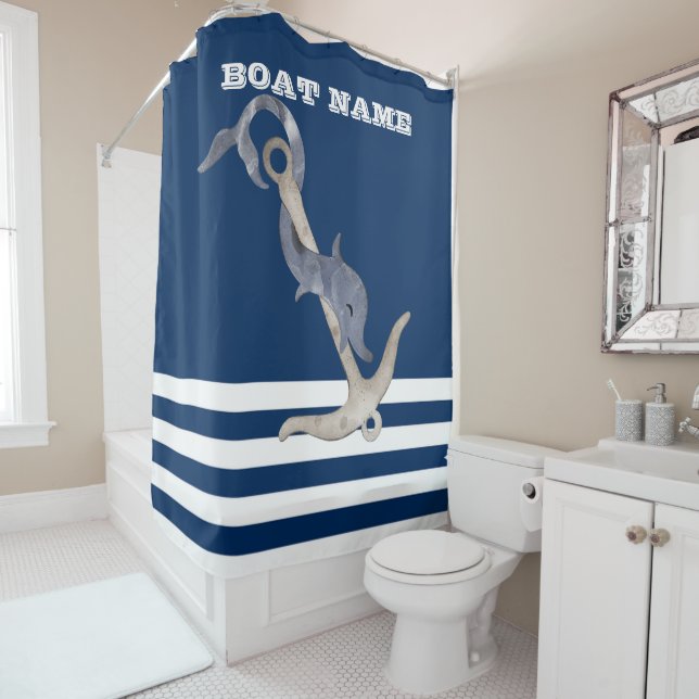 Nautical,Anchor Dolphin Navy Blue Striped   Shower Curtain (In Situ)