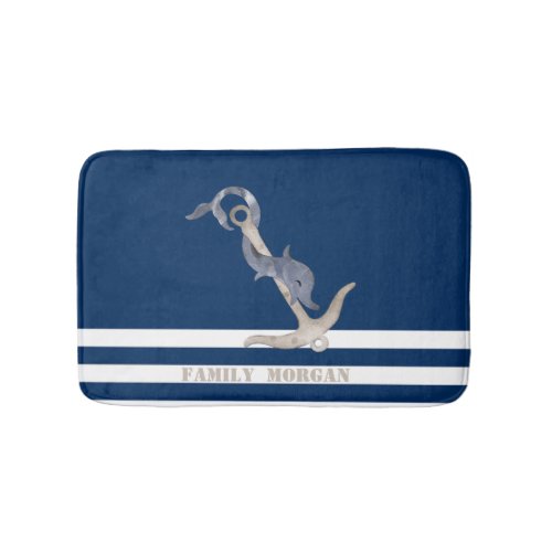 Nautical Anchor Dolphin Navy Blue Stripes Sailor  Bath Mat