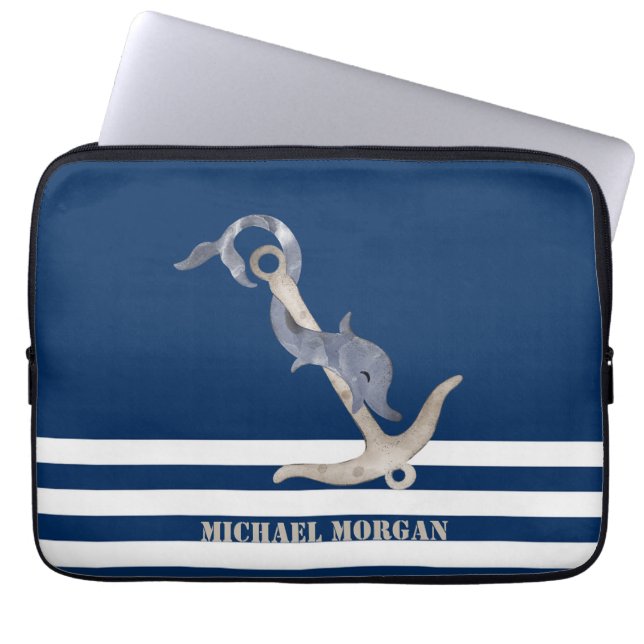 Nautical Anchor Dolphin Navy Blue Stripes Sailor   Laptop Sleeve (Front)