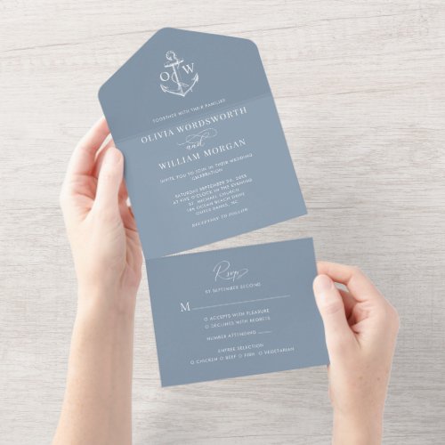 Nautical Anchor Dusty Blue Monogram Wedding All In One Invitation