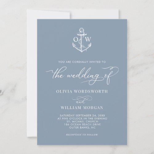 Nautical Anchor Dusty Blue Monogram Wedding Invitation