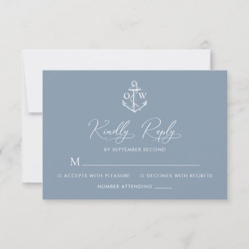 Nautical Anchor Dusty Blue Monogram Wedding  RSVP Card