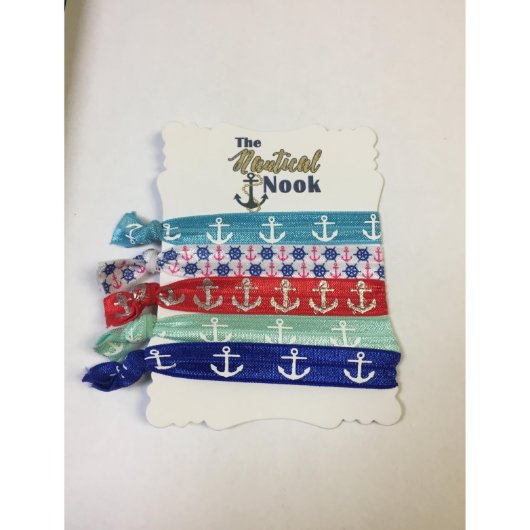 Nautical Anchor Elastic Hair Ties Five Pack (Front)
