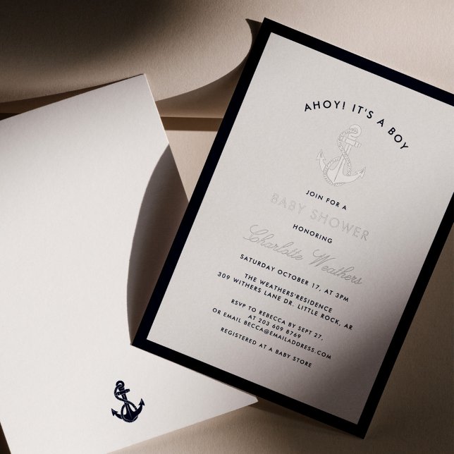 Nautical Anchor Elegant Boy Baby Shower Silver Foil Invitation (Nautical Anchor Boy Baby Shower Silver Foil Party Invitation)