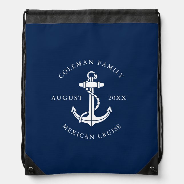 Nautical Anchor Family Beach Trip Custom Drawstring Bag (Front)