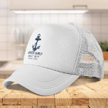 Nautical Anchor Family Boat Trip Navy Blue Custom Trucker Hat<br><div class="desc">Add your family name, occasion, and date by clicking the "Personalize" button above. Set sail in style with our custom nautical-themed boating swag Trucker Hat, the ultimate companion for your maritime adventures. This Trucker Hat boasts a cute design inspired by the ocean's wonders, featuring classic maritime motifs such as an...</div>