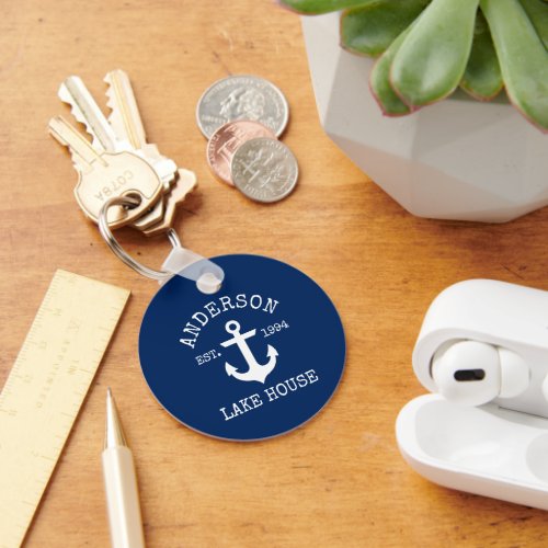 Nautical Anchor Family Lake House Navy Blue Keychain