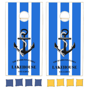 Nautical Anchor Family Lakehouse Blue Striped Cornhole Set