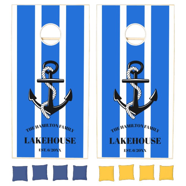 Nautical Anchor Family Lakehouse Blue Striped Cornhole Set (Set)