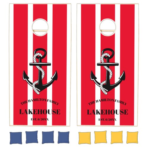 Nautical Anchor Family Lakehouse Red Striped Cornhole Set