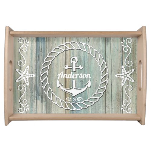 Nautical Anchor Family Name Beach House Summer  Serving Tray