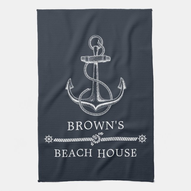Nautical Anchor Family Name Beach or Lake House Kitchen Towel (Vertical)
