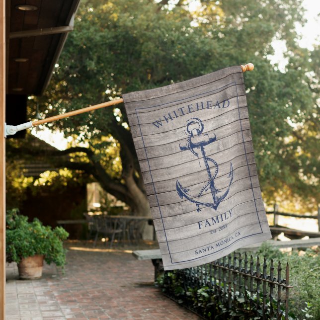 Nautical Anchor Family Name Beige Wood House Flag (In SItu)