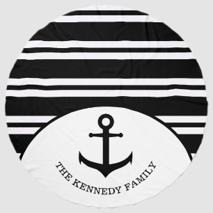 Nautical Anchor Family Name Black White Striped Beach Towel