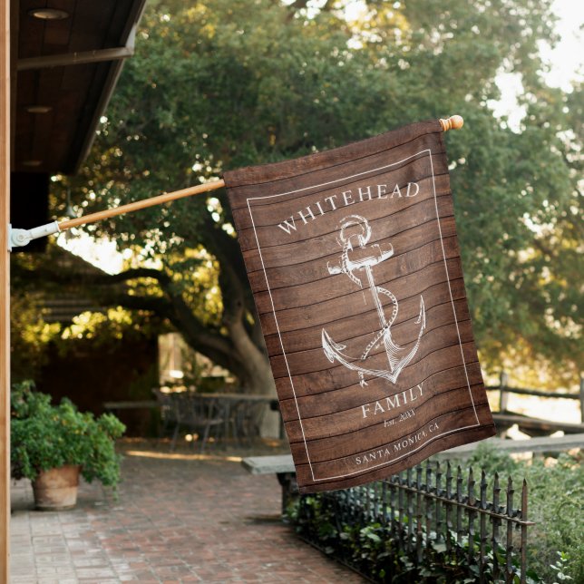 Nautical Anchor Family Name Brown Wood House Flag (In SItu)