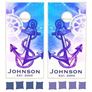 Nautical Anchor Family Name Coastal Beach Cornhole Set