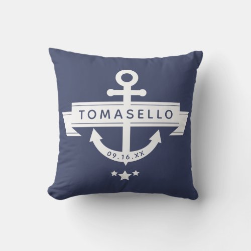 Nautical Anchor Family Name Date Navy Blue Stripes Outdoor Pillow