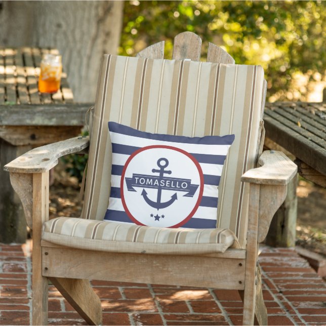 Nautical Anchor Family Name Navy Blue Stripes Outdoor Pillow (Chair)