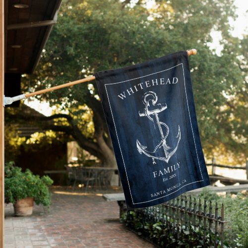 Nautical Anchor Family Name Navy Blue Wood House Flag