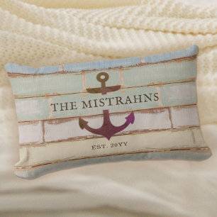 Nautical Anchor Family Name Rustic Wood Lumbar Pillow