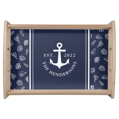 Nautical Anchor Family Name White Navy Blue Serving Tray