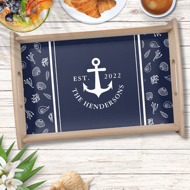 Nautical Anchor Family Name White Navy Blue Serving Tray (Nautical Serving Tray with Custom Year and Family Name - Personalize it before ordering)