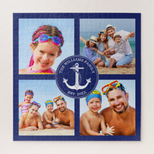 Nautical Anchor Family Photo Collage Blue Frame Jigsaw Puzzle