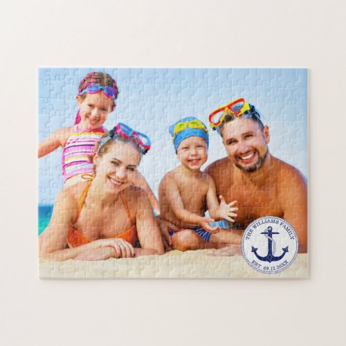 Nautical Anchor Family Photo Monogram Name Jigsaw Puzzle