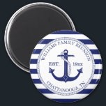 Nautical Anchor Family Reunion Monogram Magnet<br><div class="desc">This nautical inspired magnet is the perfect choice for family reunion parties. This design features a blue anchor decorated with a rope and encircled by a rope with navy blue and white striped background. At the top in curved typography it has your family name and the word reunion, ie, "Anderson...</div>