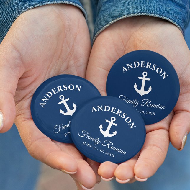 Nautical Anchor Family Reunion Navy Blue Button (Customize to change text size,  text style or background color.)