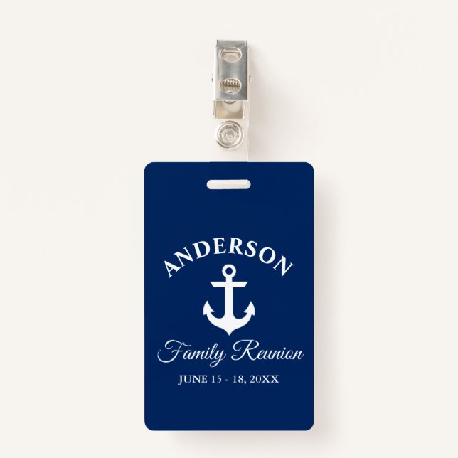 Nautical Anchor Family Reunion Navy Blue Clip Badge (Front with Clip)