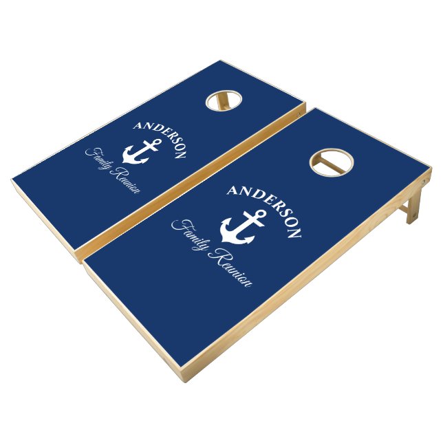 Nautical Anchor Family Reunion Navy Blue Cornhole Set (Angled)
