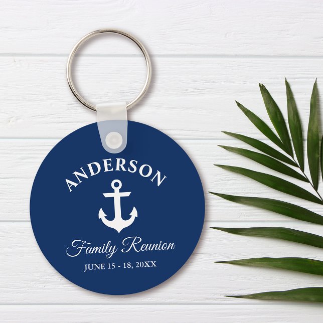 Nautical Anchor Family Reunion Navy Blue Keychain (Customize to change text size, style or background color.)