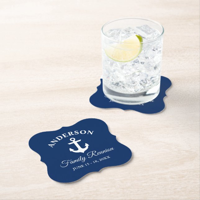 Nautical Anchor Family Reunion Navy Blue Paper Coaster (Insitu)