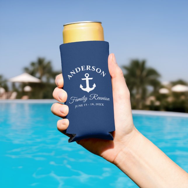 Nautical Anchor Family Reunion Navy Blue Seltzer Can Cooler (In Situ Pool)