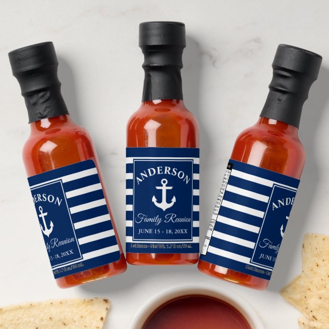 Nautical Anchor Family Reunion Navy Blue Striped Hot Sauces (Laydown)