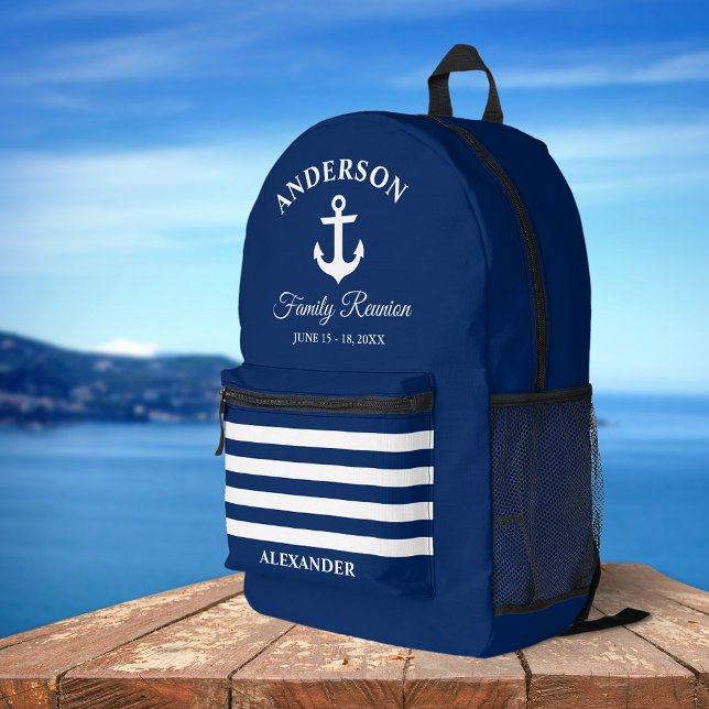 Nautical Anchor Family Reunion Navy Blue Striped Printed Backpack (Customize to change text size or text style.)