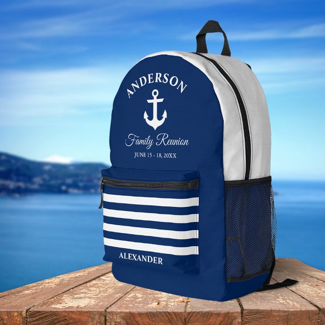 Nautical Anchor Family Reunion Navy Blue Stripes Printed Backpack (Customize to change text size or text style.)