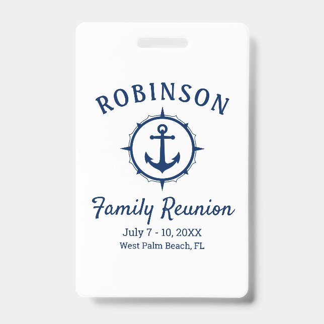 Nautical Anchor Family Reunion Navy Blue & White Badge (Front)