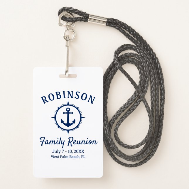 Nautical Anchor Family Reunion Navy Blue & White Badge (Front with Lanyard)
