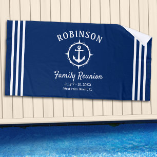 Nautical Anchor Family Reunion Navy Blue & White Beach Towel