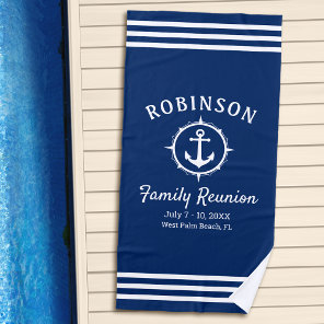 Nautical Anchor Family Reunion Navy Blue & White Beach Towel