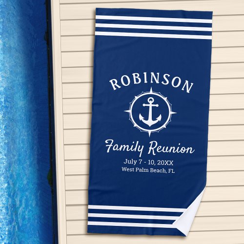 Nautical Anchor Family Reunion Navy Blue  White Beach Towel