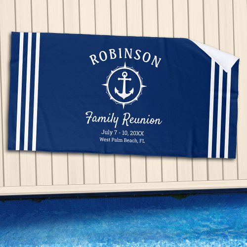 Nautical Anchor Family Reunion Navy Blue  White Beach Towel