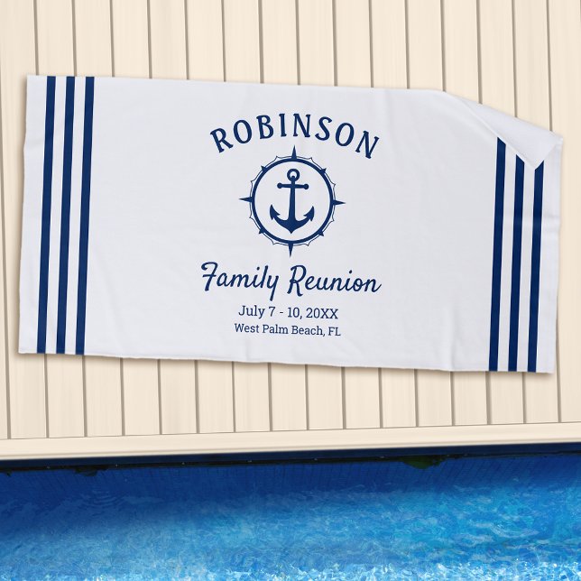 Nautical Anchor Family Reunion Navy Blue & White Beach Towel (Creator Uploaded)